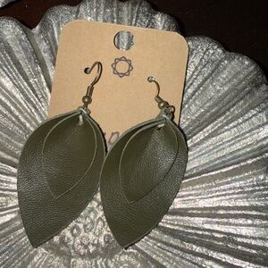 Leather Olive Green Leaf Earrings